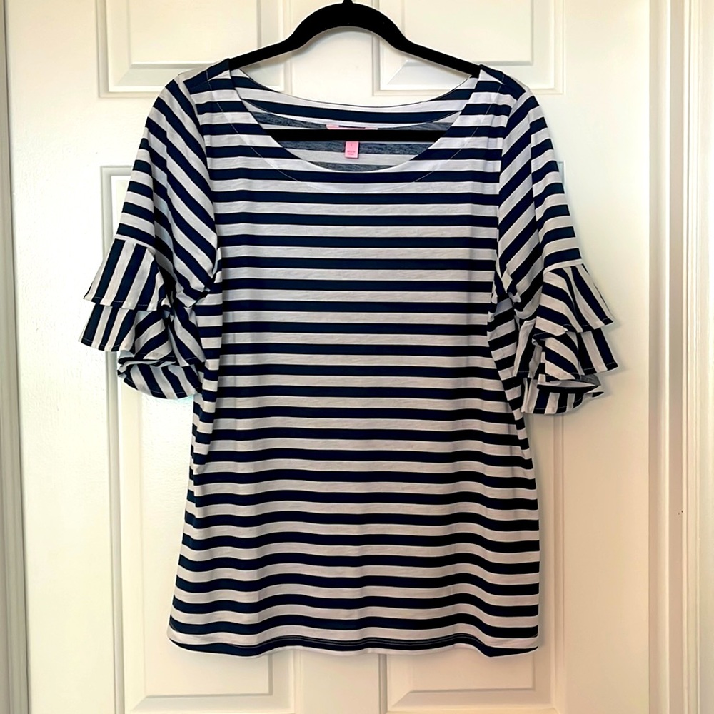 Lilly Pulitzer Lula Navy Stripe Ruffle sleeve
